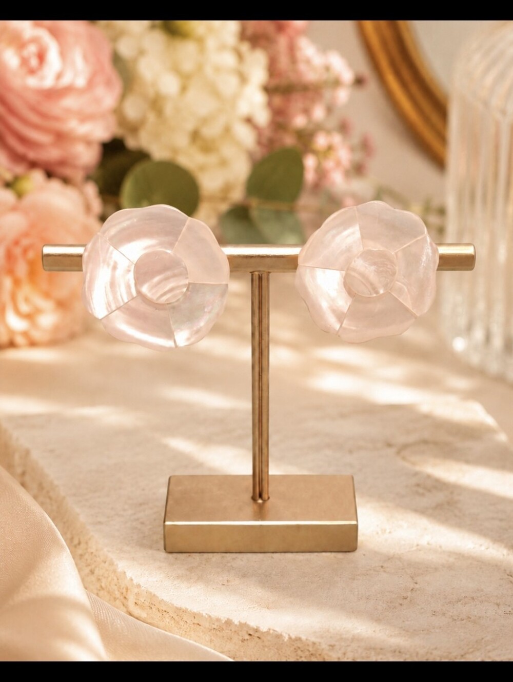 Mother Of Pearl  Flower Clip-On Earrings - Translucent White